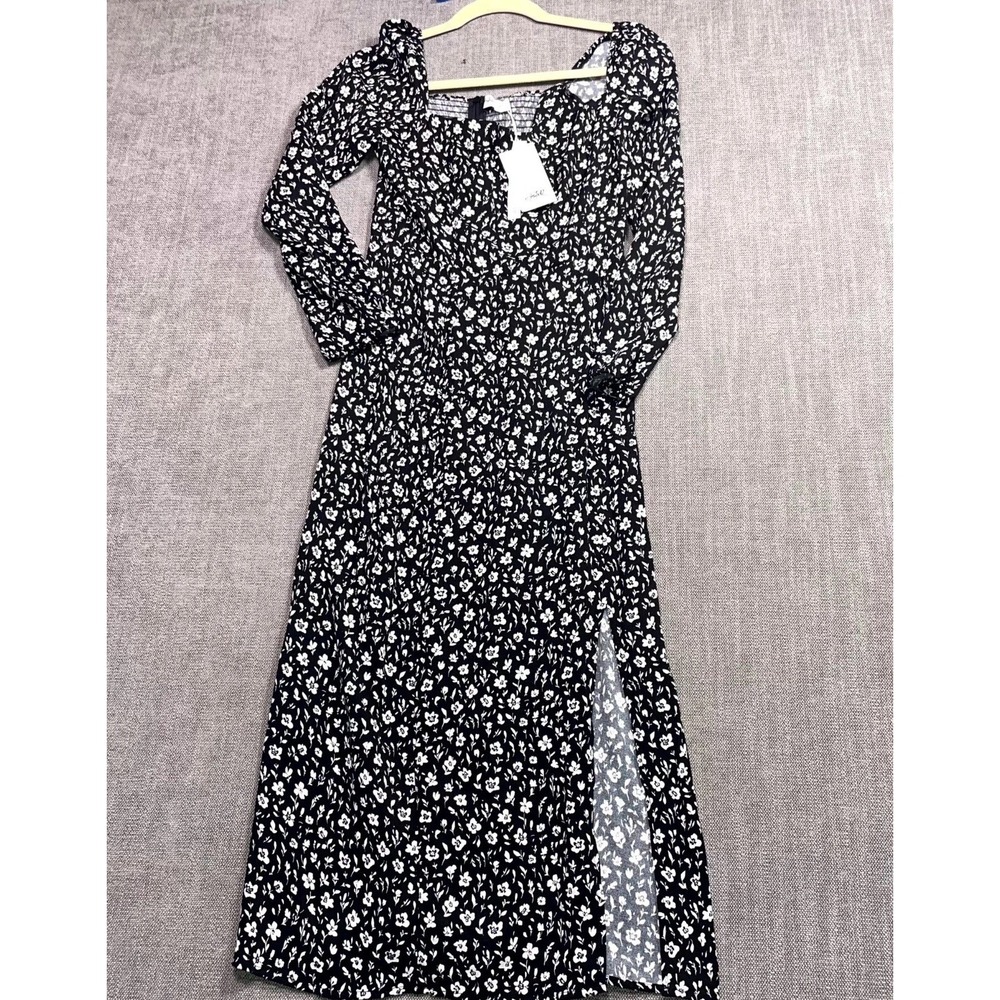 Castro Womens S Black White Floral Smocked Midi Dress Square Neck 6410659010136S